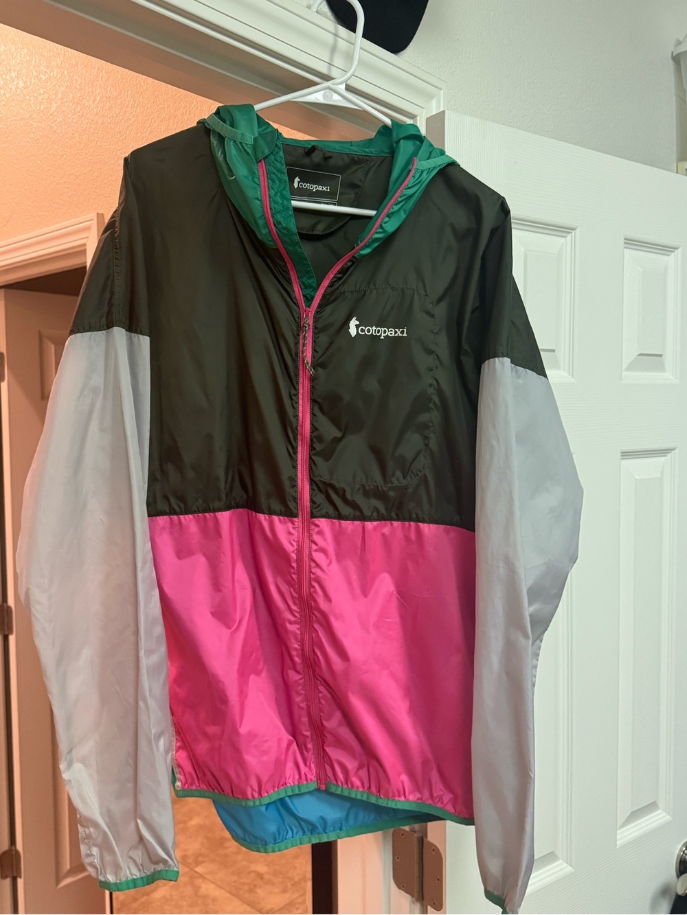 cotopaxi Green/Black/Pink/White Colorblock Rain Jacket